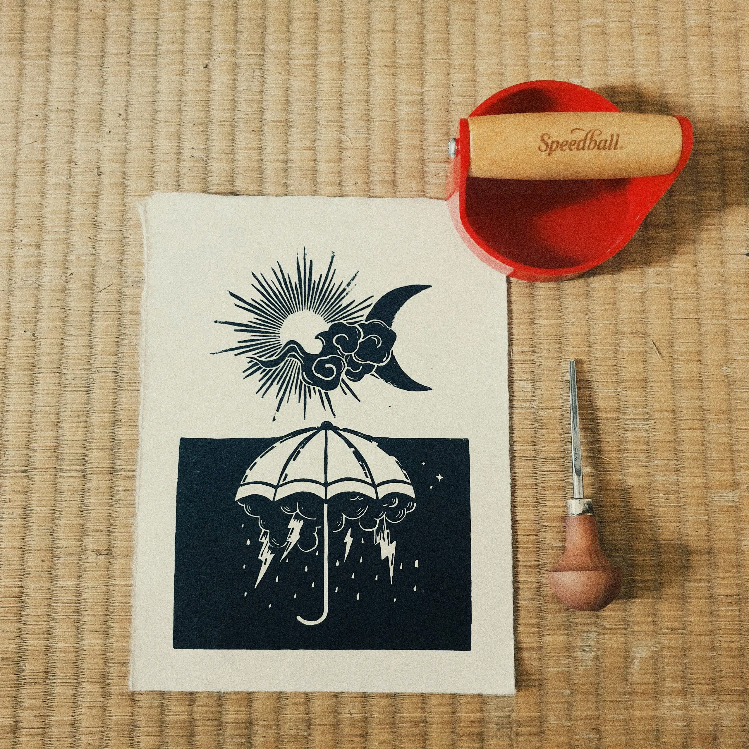 Directrice Artistique et UX/UI designer à Paris - Portfolio - Linogravure : Après la pluie, le beau temps