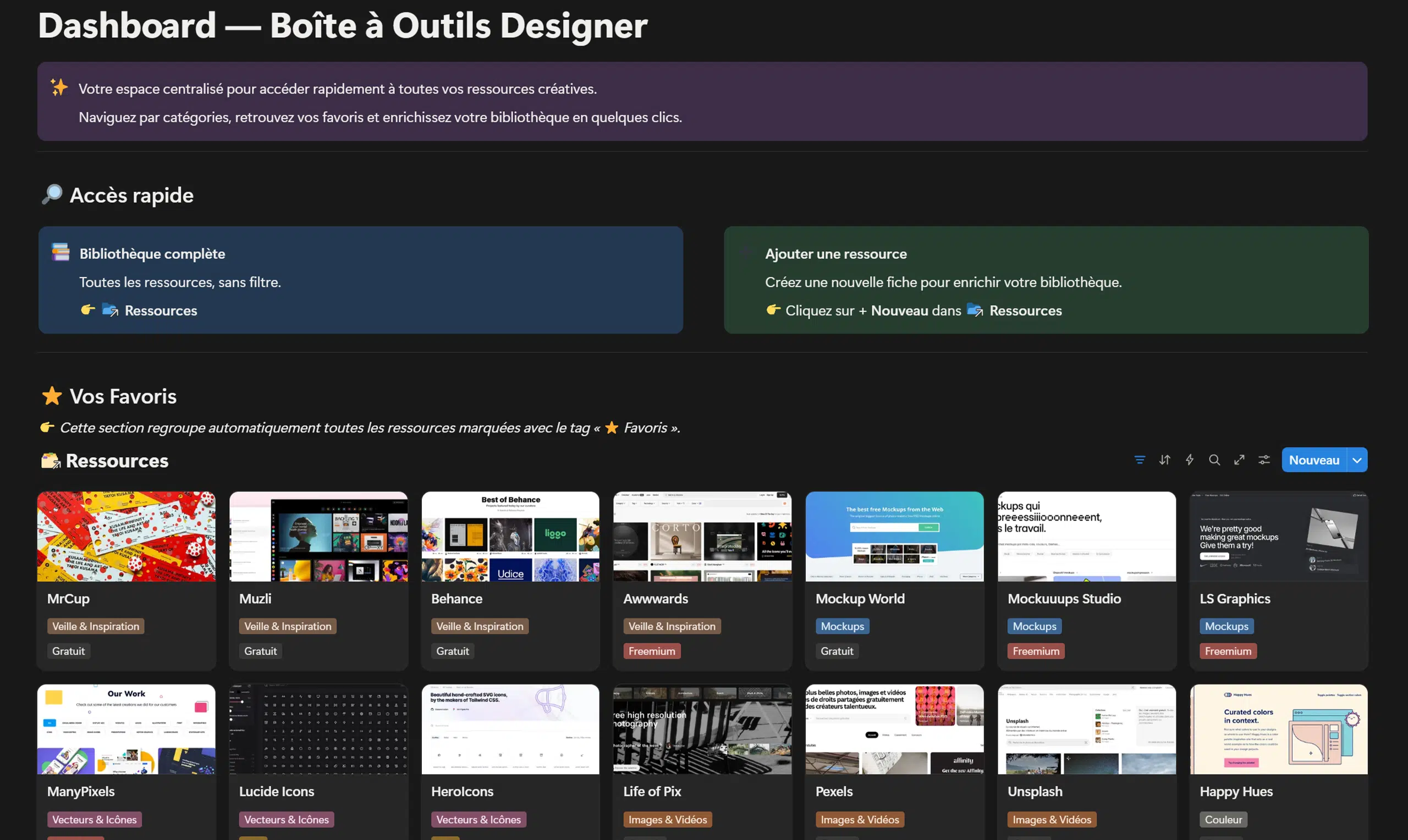 Vue du Dashboard du template Notion Boîte à Outils Designer, conçu pour centraliser les ressources graphiques et UX/UI